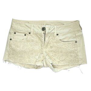 American Eagle Lace Crochet Cream Denim Jean Shorts Size 0 Stretch